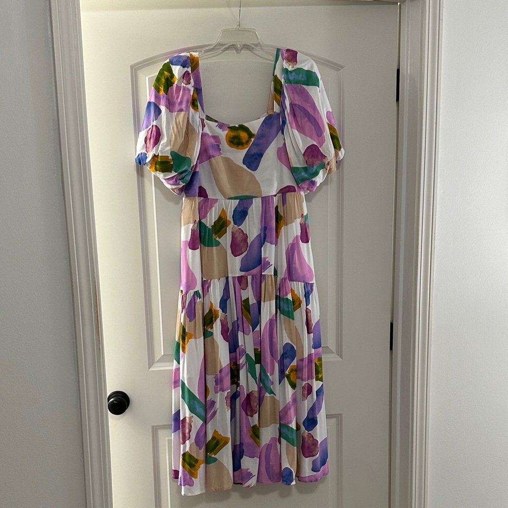 entro White Midi Dress with Pink, Purple & Green Abstract Print